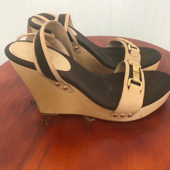 Ralph Lauren Beige/Black Strappy Wood Wedge 7.5M - Picture 4 of 9